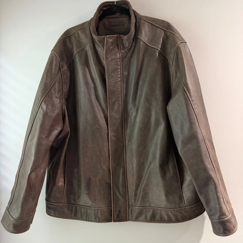 Roundtree & Yorke Leather Jacket Mens XXL Brown Good Mock Neck Zip Up Bomber